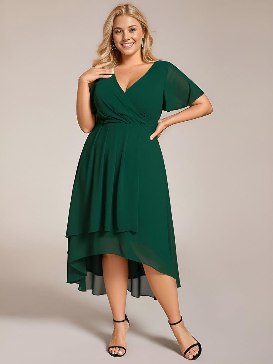 ever LARK|Ruffles Sleeve Pleated V-Neck A-Line Midi Chiffon Wedding Guest Dress - Seldom Seen Styles