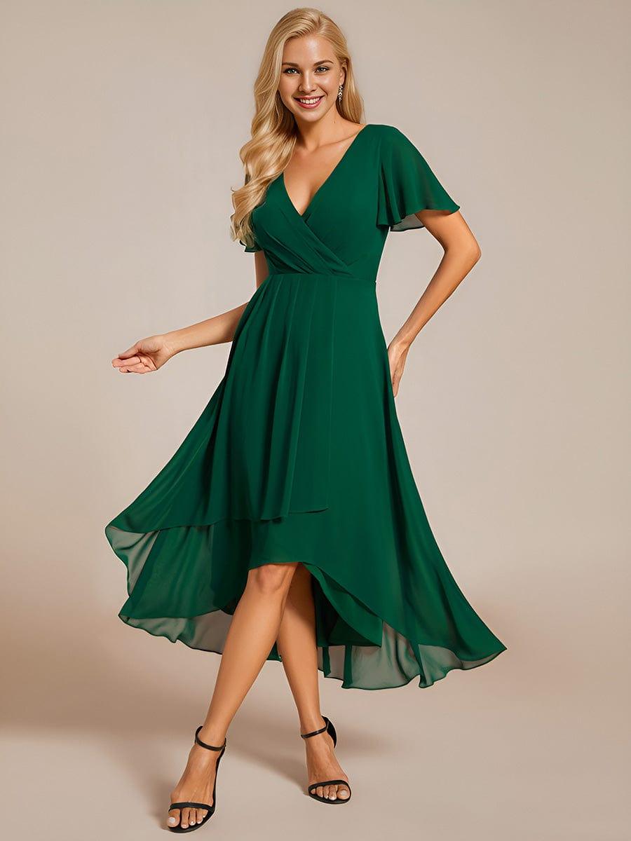 ever LARK|Ruffles Sleeve Pleated V-Neck A-Line Midi Chiffon Wedding Guest Dress - Seldom Seen Styles