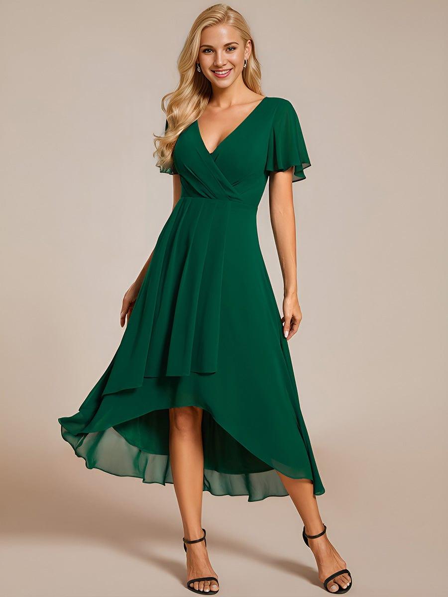 ever LARK|Ruffles Sleeve Pleated V-Neck A-Line Midi Chiffon Wedding Guest Dress - Seldom Seen Styles
