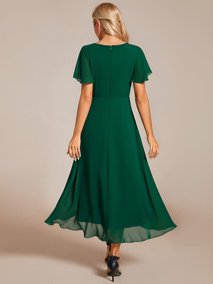 ever LARK|Ruffles Sleeve Pleated V-Neck A-Line Midi Chiffon Wedding Guest Dress - Seldom Seen Styles