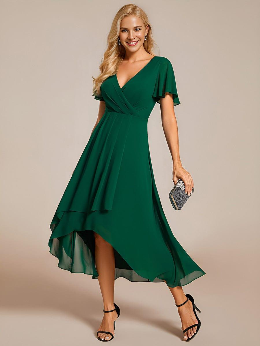 ever LARK|Ruffles Sleeve Pleated V-Neck A-Line Midi Chiffon Wedding Guest Dress - Seldom Seen Styles