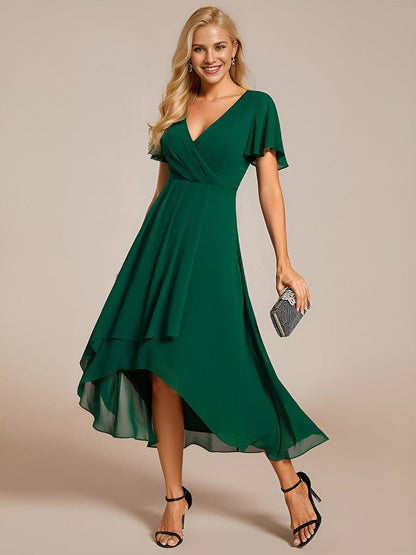 ever LARK|Ruffles Sleeve Pleated V-Neck A-Line Midi Chiffon Wedding Guest Dress