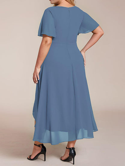 ever LARK|Ruffles Sleeve Pleated V-Neck A-Line Midi Chiffon Wedding Guest Dress