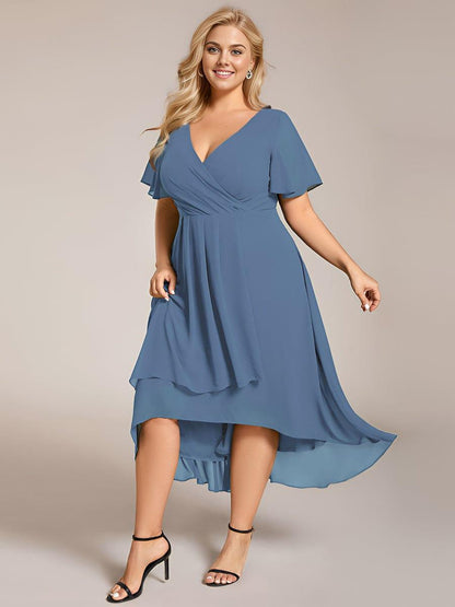 ever LARK|Ruffles Sleeve Pleated V-Neck A-Line Midi Chiffon Wedding Guest Dress