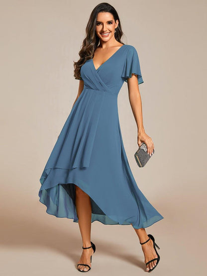 ever LARK|Ruffles Sleeve Pleated V-Neck A-Line Midi Chiffon Wedding Guest Dress