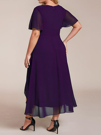 ever LARK|Ruffles Sleeve Pleated V-Neck A-Line Midi Chiffon Wedding Guest Dress
