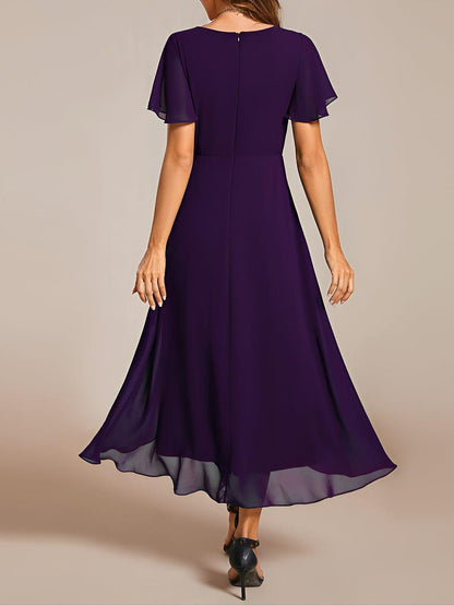 ever LARK|Ruffles Sleeve Pleated V-Neck A-Line Midi Chiffon Wedding Guest Dress