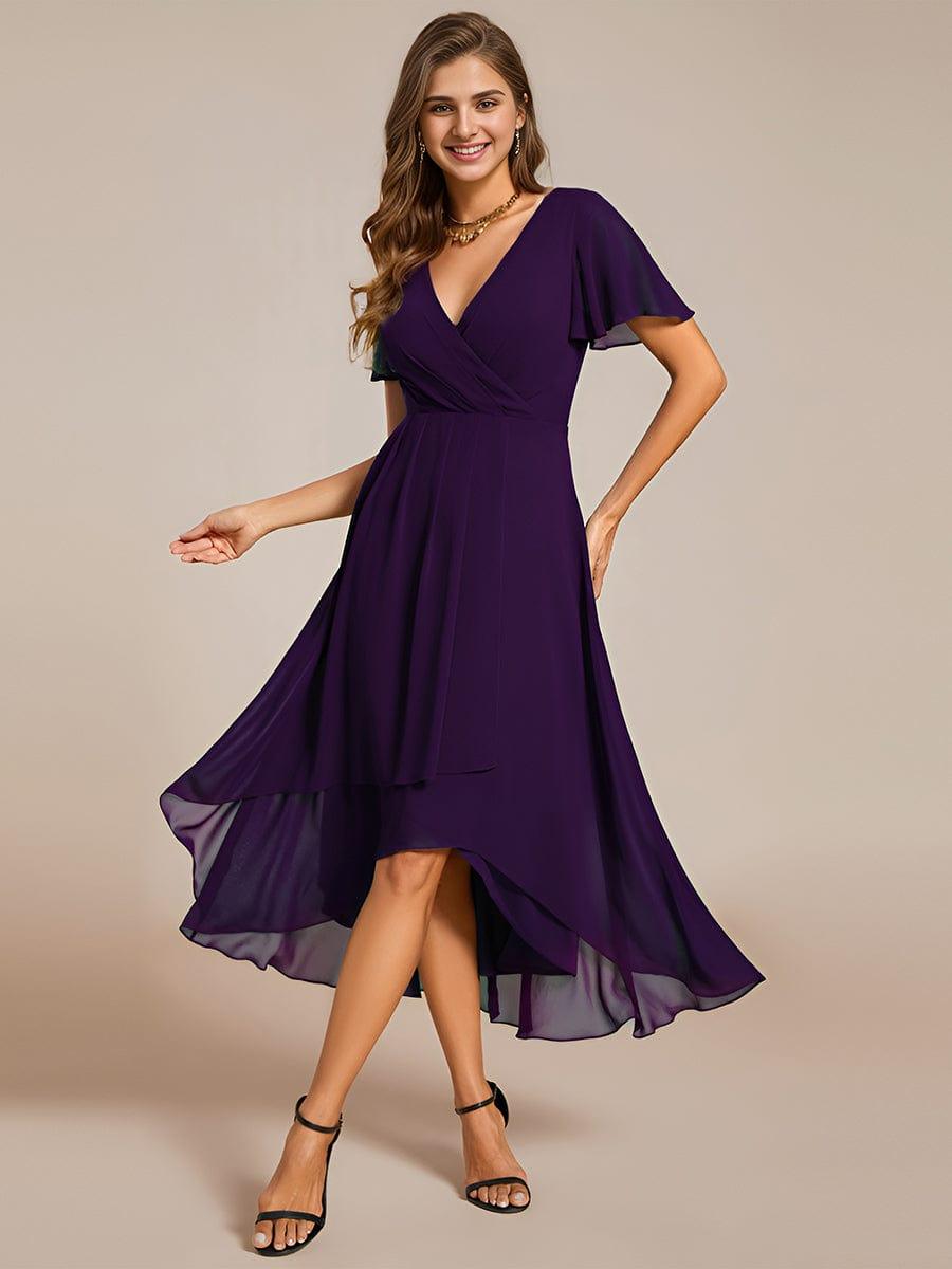 Ruffles Sleeve Pleated V-Neck A-Line Midi Chiffon Wedding Guest Dress #color_Dark Purple