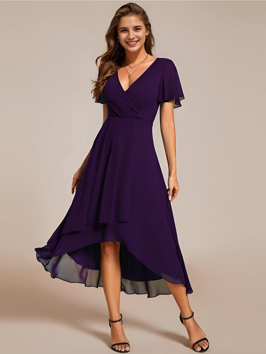 Ruffles Sleeve Pleated V-Neck A-Line Midi Chiffon Wedding Guest Dress #color_Dark Purple