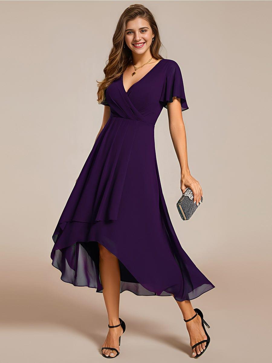 Ruffles Sleeve Pleated V-Neck A-Line Midi Chiffon Wedding Guest Dress #color_Dark Purple