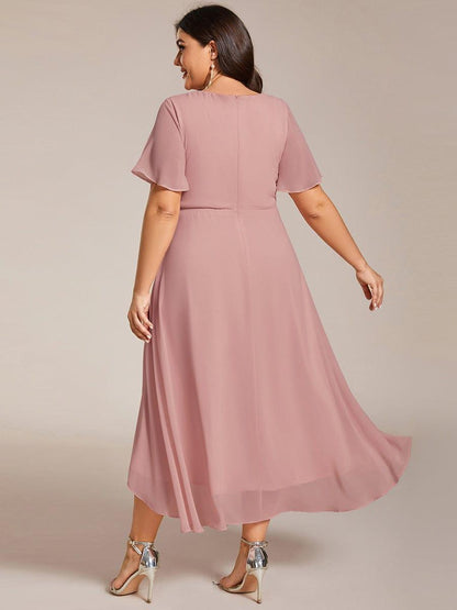 ever LARK|Ruffles Sleeve Pleated V-Neck A-Line Midi Chiffon Wedding Guest Dress