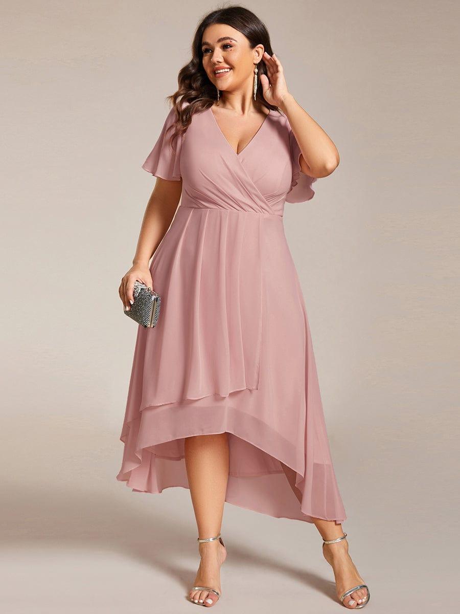 Ruffles Sleeve Pleated V-Neck A-Line Midi Chiffon Wedding Guest Dress #color_Dusty Rose