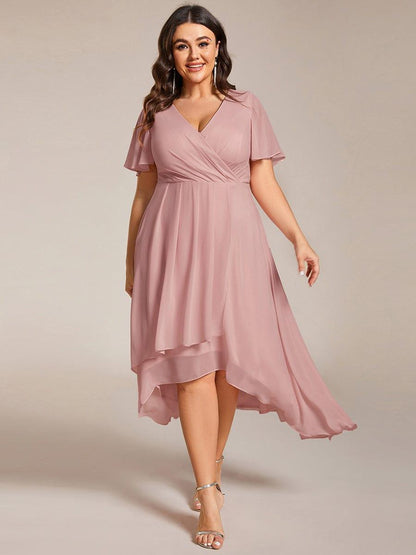 ever LARK|Ruffles Sleeve Pleated V-Neck A-Line Midi Chiffon Wedding Guest Dress