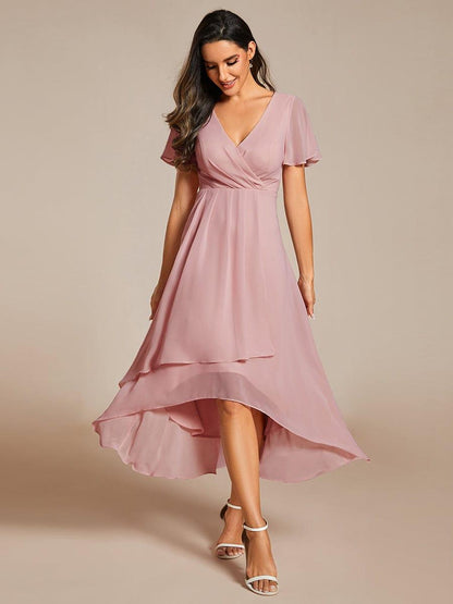ever LARK|Ruffles Sleeve Pleated V-Neck A-Line Midi Chiffon Wedding Guest Dress