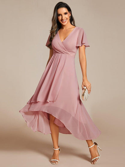 ever LARK|Ruffles Sleeve Pleated V-Neck A-Line Midi Chiffon Wedding Guest Dress