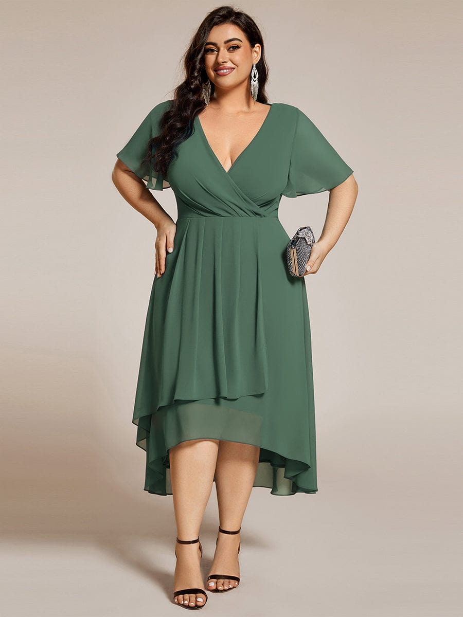 Ruffles Sleeve Pleated V-Neck A-Line Midi Chiffon Wedding Guest Dress #color_Eucalyptus