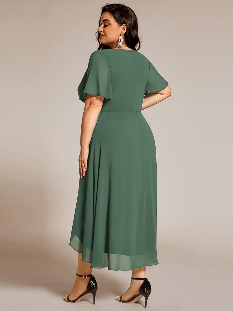 Ruffles Sleeve Pleated V-Neck A-Line Midi Chiffon Wedding Guest Dress #color_Eucalyptus