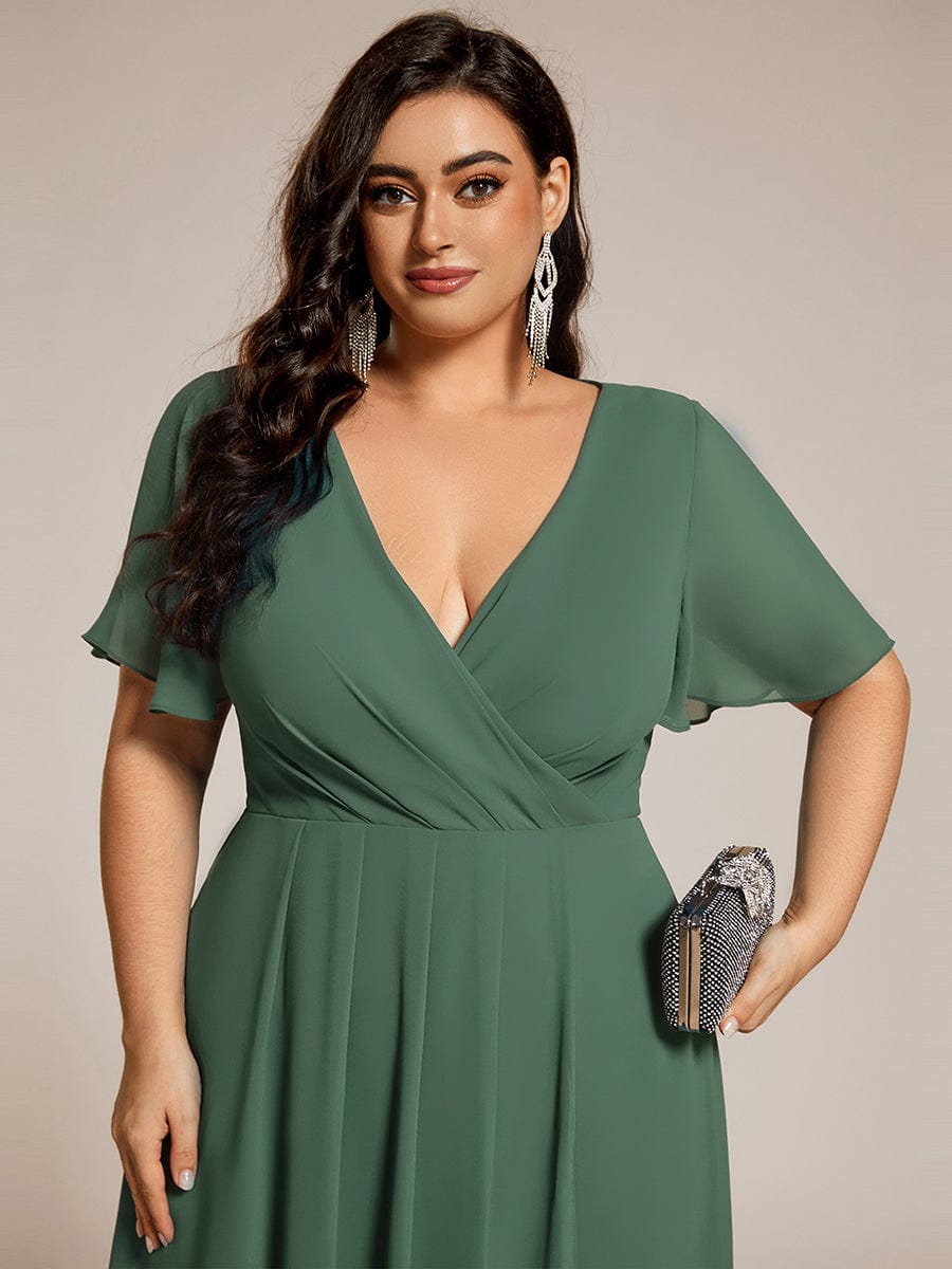 Ruffles Sleeve Pleated V-Neck A-Line Midi Chiffon Wedding Guest Dress #color_Eucalyptus