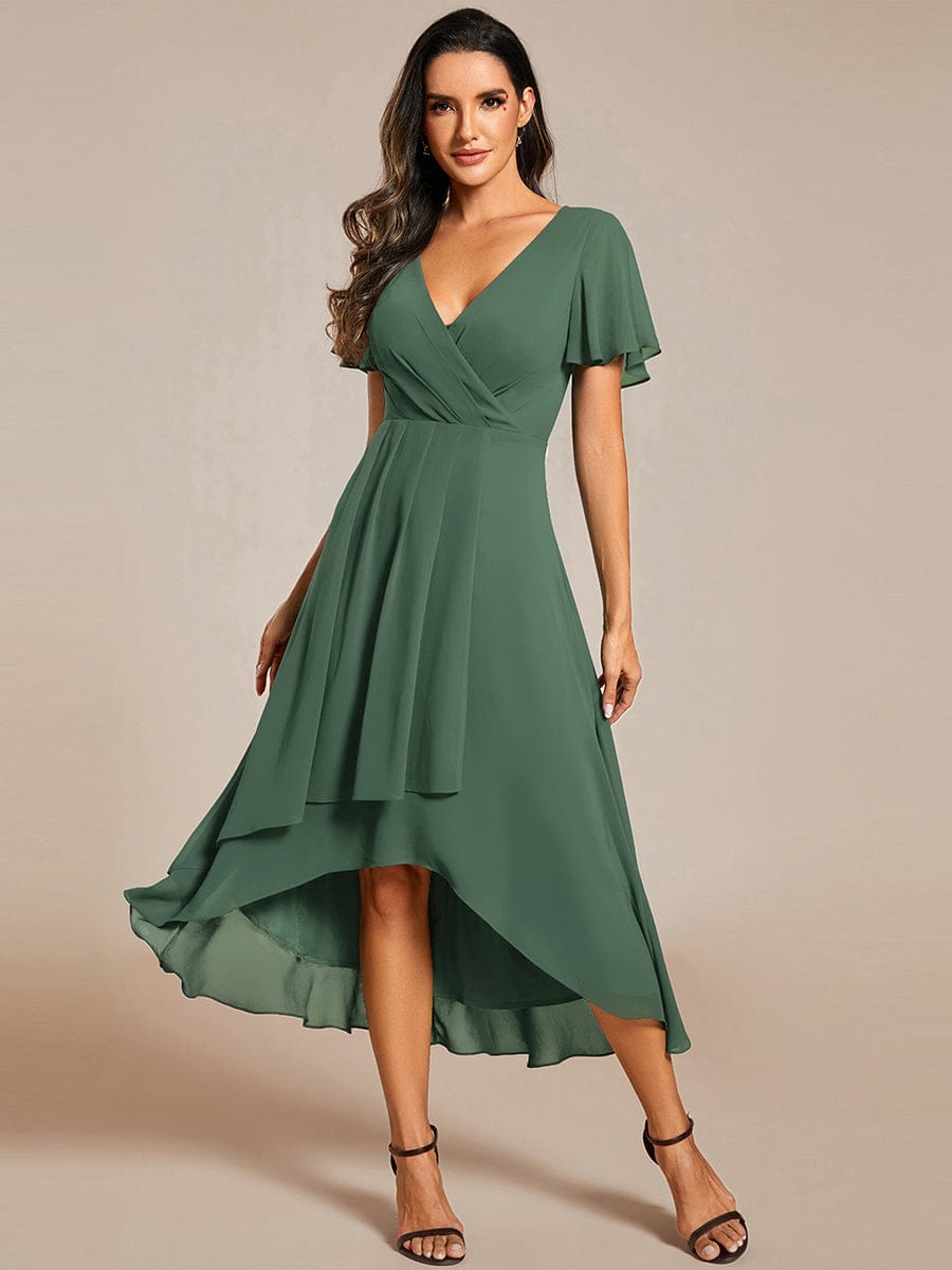 Ruffles Sleeve Pleated V-Neck A-Line Midi Chiffon Wedding Guest Dress #color_Eucalyptus