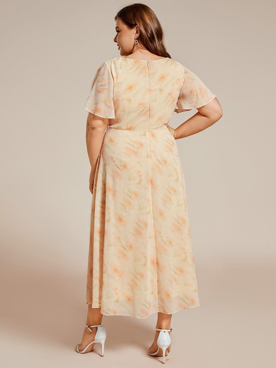 Ruffles Sleeve Pleated V-Neck A-Line Midi Chiffon Wedding Guest Dress #color_Golden Roses