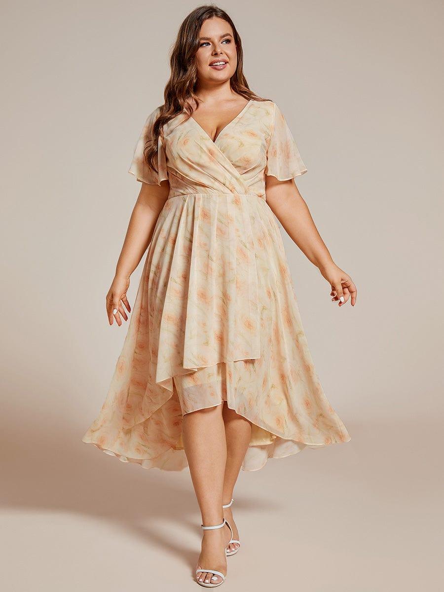 Ruffles Sleeve Pleated V-Neck A-Line Midi Chiffon Wedding Guest Dress #color_Golden Roses