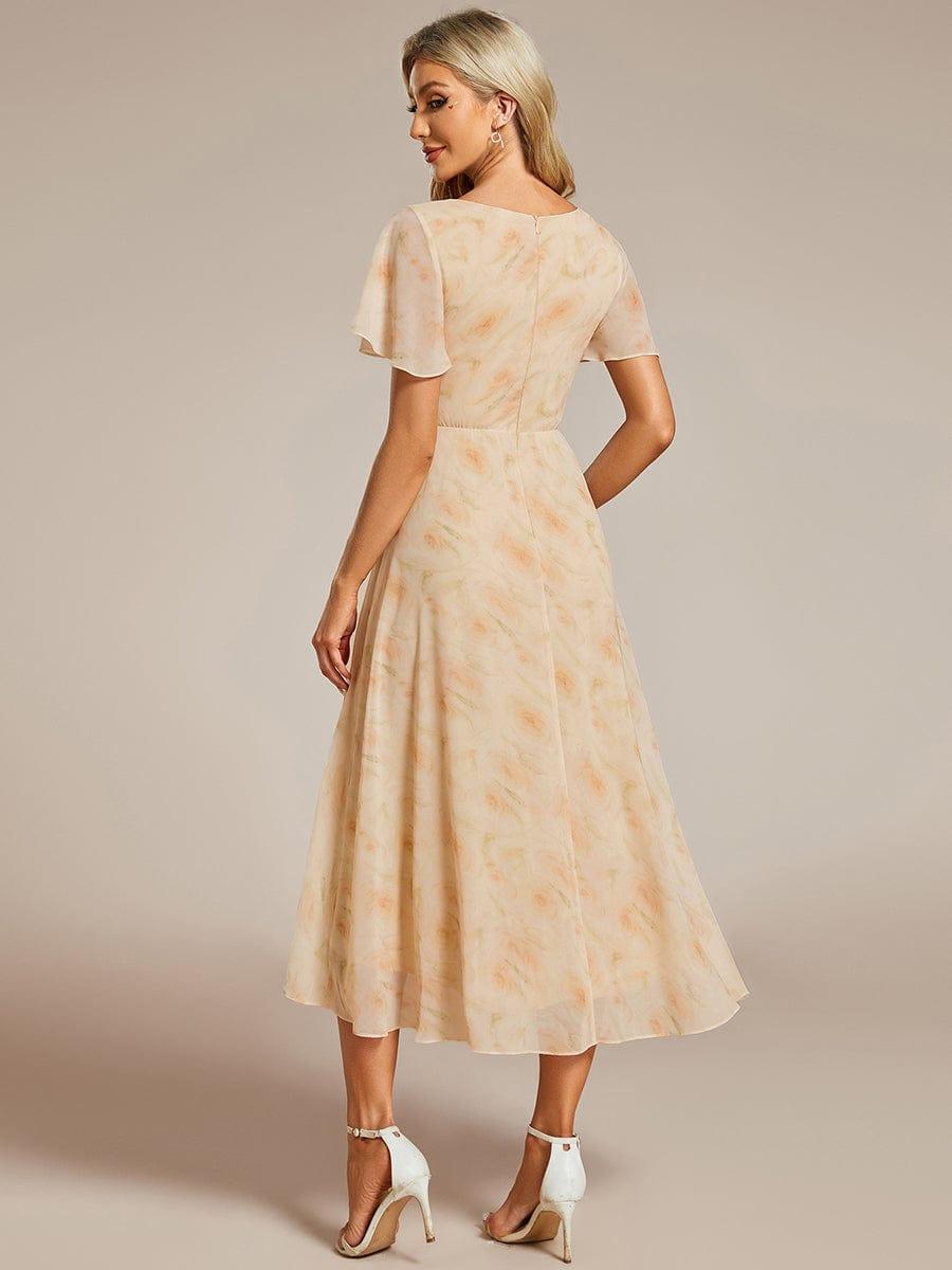 Ruffles Sleeve Pleated V-Neck A-Line Midi Chiffon Wedding Guest Dress #color_Golden Roses