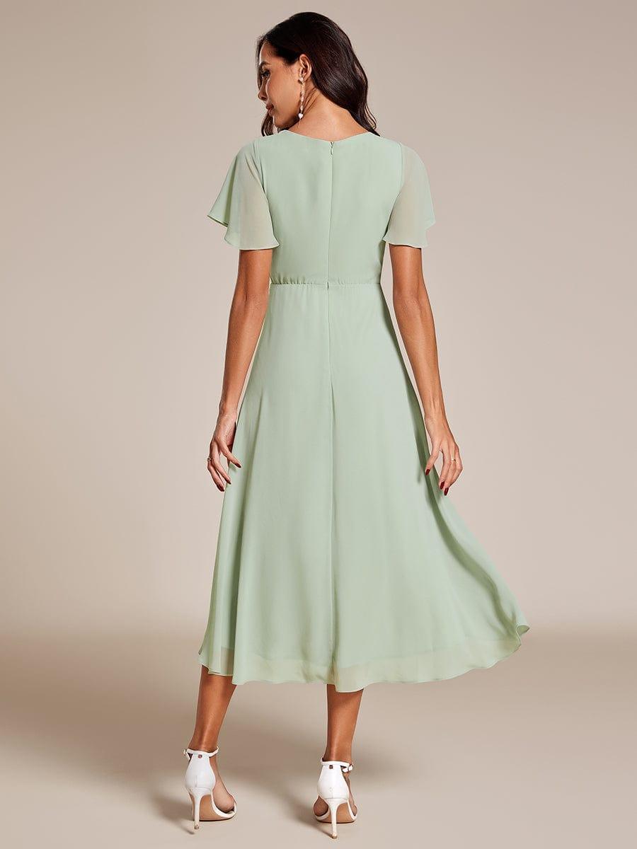 ever LARK|Ruffles Sleeve Pleated V-Neck A-Line Midi Chiffon Wedding Guest Dress - Seldom Seen Styles