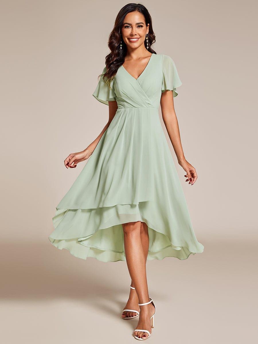 ever LARK|Ruffles Sleeve Pleated V-Neck A-Line Midi Chiffon Wedding Guest Dress - Seldom Seen Styles