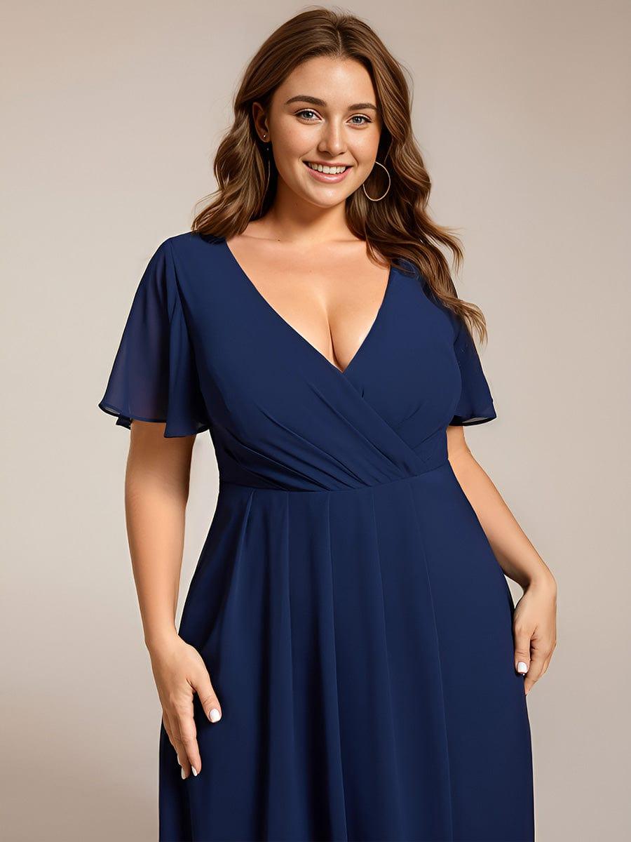 ever LARK|Ruffles Sleeve Pleated V-Neck A-Line Midi Chiffon Wedding Guest Dress - Seldom Seen Styles