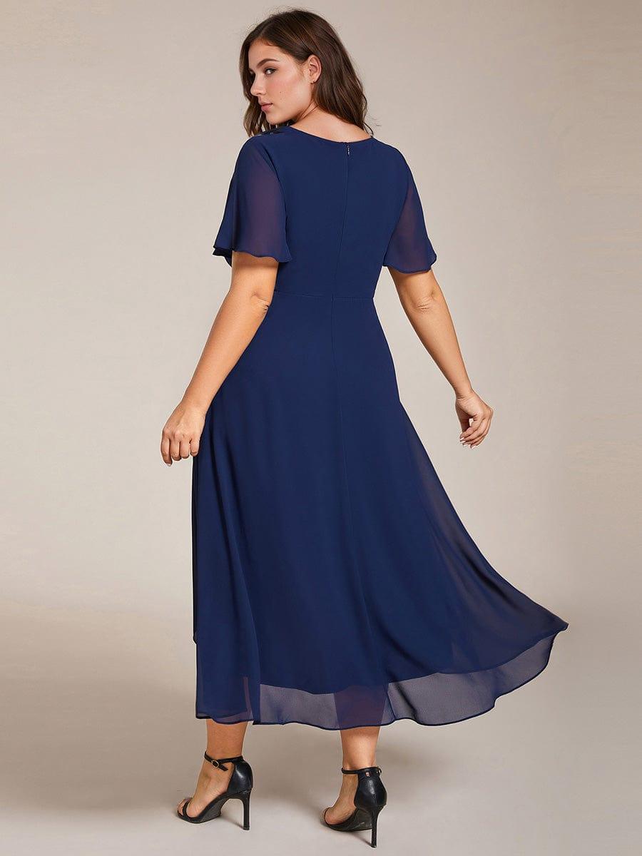 ever LARK|Ruffles Sleeve Pleated V-Neck A-Line Midi Chiffon Wedding Guest Dress - Seldom Seen Styles