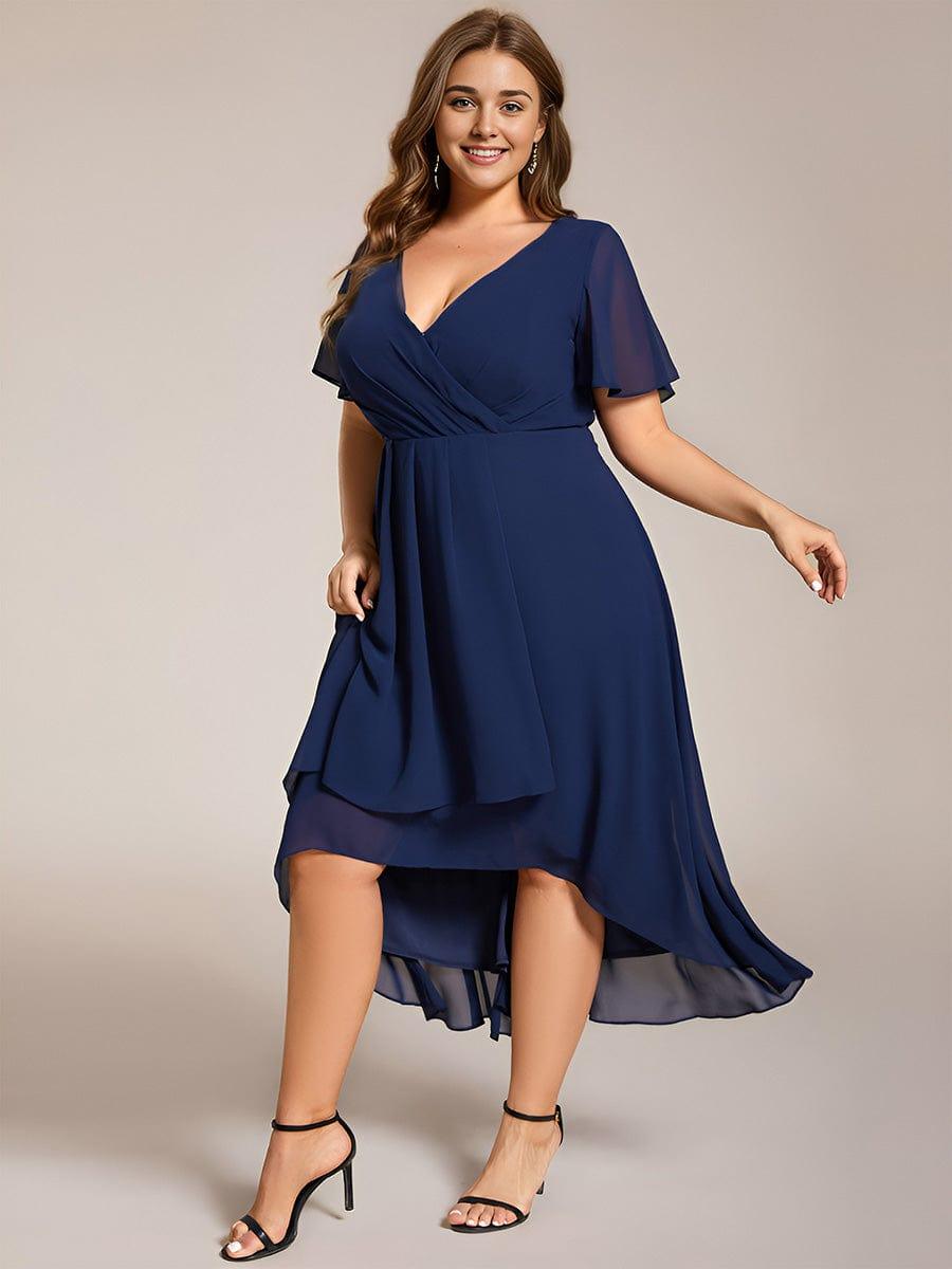 ever LARK|Ruffles Sleeve Pleated V-Neck A-Line Midi Chiffon Wedding Guest Dress - Seldom Seen Styles