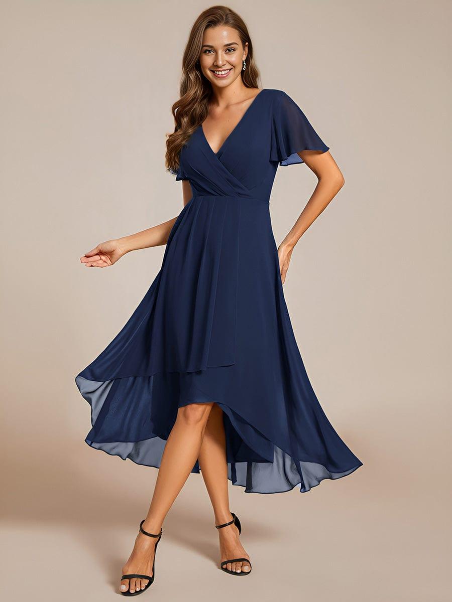 ever LARK|Ruffles Sleeve Pleated V-Neck A-Line Midi Chiffon Wedding Guest Dress - Seldom Seen Styles