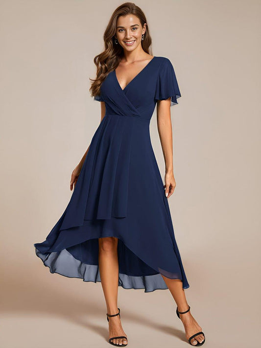 ever LARK|Ruffles Sleeve Pleated V-Neck A-Line Midi Chiffon Wedding Guest Dress - Seldom Seen Styles