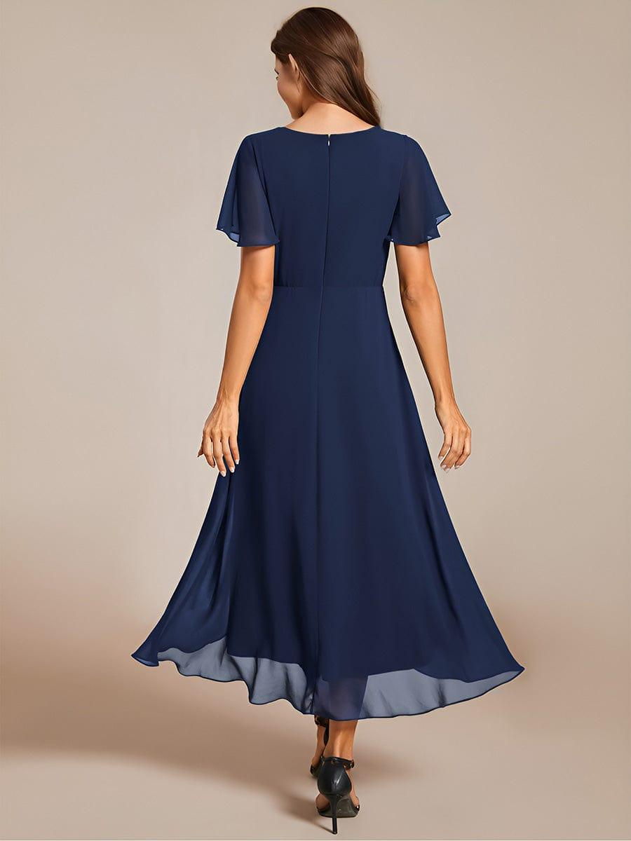 ever LARK|Ruffles Sleeve Pleated V-Neck A-Line Midi Chiffon Wedding Guest Dress - Seldom Seen Styles