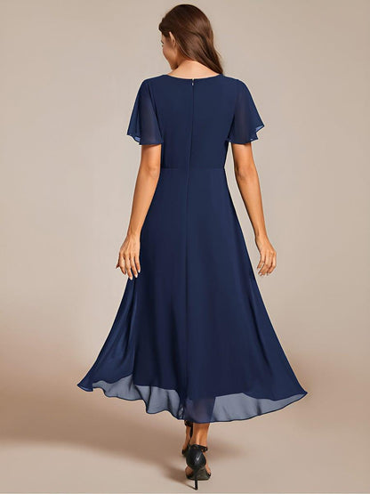 ever LARK|Ruffles Sleeve Pleated V-Neck A-Line Midi Chiffon Wedding Guest Dress