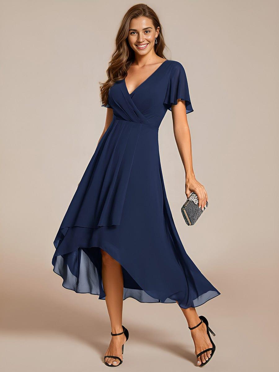 ever LARK|Ruffles Sleeve Pleated V-Neck A-Line Midi Chiffon Wedding Guest Dress - Seldom Seen Styles