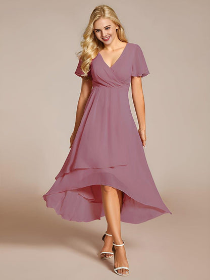 ever LARK|Ruffles Sleeve Pleated V-Neck A-Line Midi Chiffon Wedding Guest Dress
