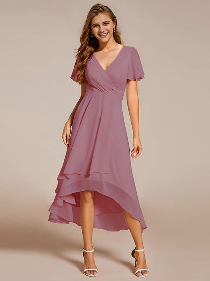 ever LARK|Ruffles Sleeve Pleated V-Neck A-Line Midi Chiffon Wedding Guest Dress