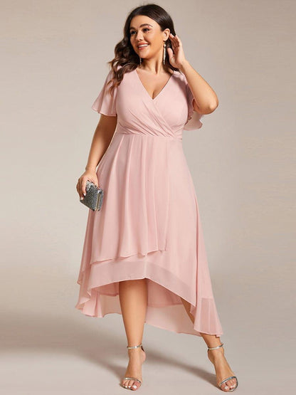 ever LARK|Ruffles Sleeve Pleated V-Neck A-Line Midi Chiffon Wedding Guest Dress