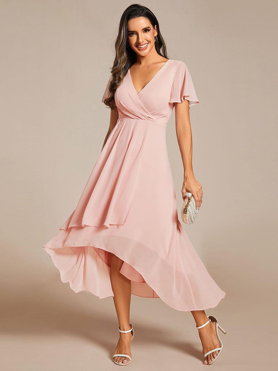 Ruffles Sleeve Pleated V-Neck A-Line Midi Chiffon Wedding Guest Dress #color_Pink