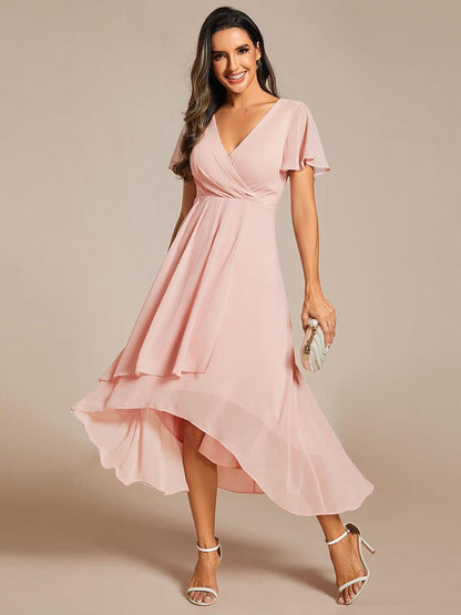 ever LARK|Ruffles Sleeve Pleated V-Neck A-Line Midi Chiffon Wedding Guest Dress