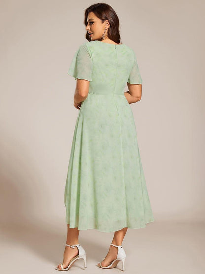 ever LARK|Ruffles Sleeve Pleated V-Neck A-Line Midi Chiffon Wedding Guest Dress