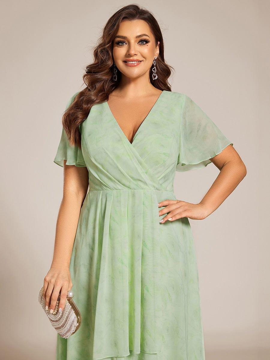 Ruffles Sleeve Pleated V-Neck A-Line Midi Chiffon Wedding Guest Dress #color_Light Green Roses