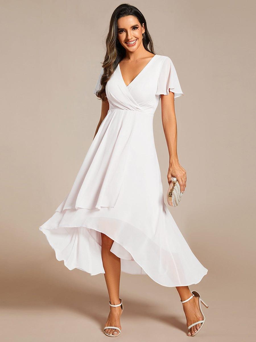 Ruffles Sleeve Pleated V-Neck A-Line Midi Chiffon Wedding Guest Dress #color_White