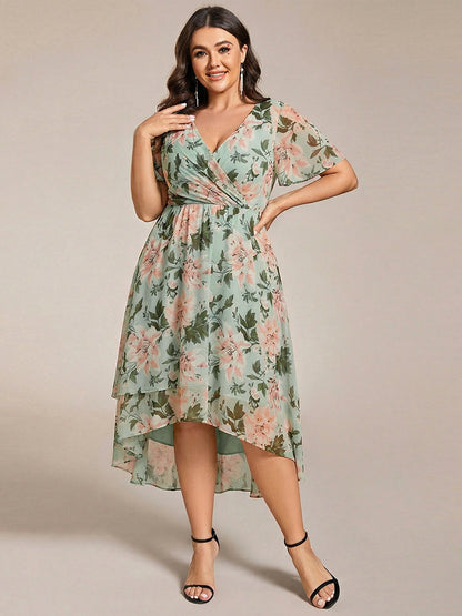 ever LARK|Ruffles Sleeve Pleated V-Neck A-Line Midi Chiffon Wedding Guest Dress