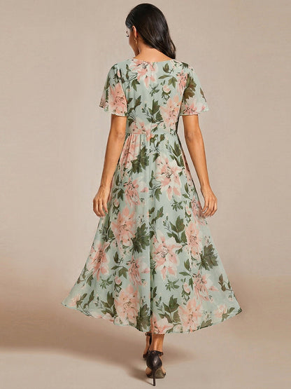 ever LARK|Ruffles Sleeve Pleated V-Neck A-Line Midi Chiffon Wedding Guest Dress