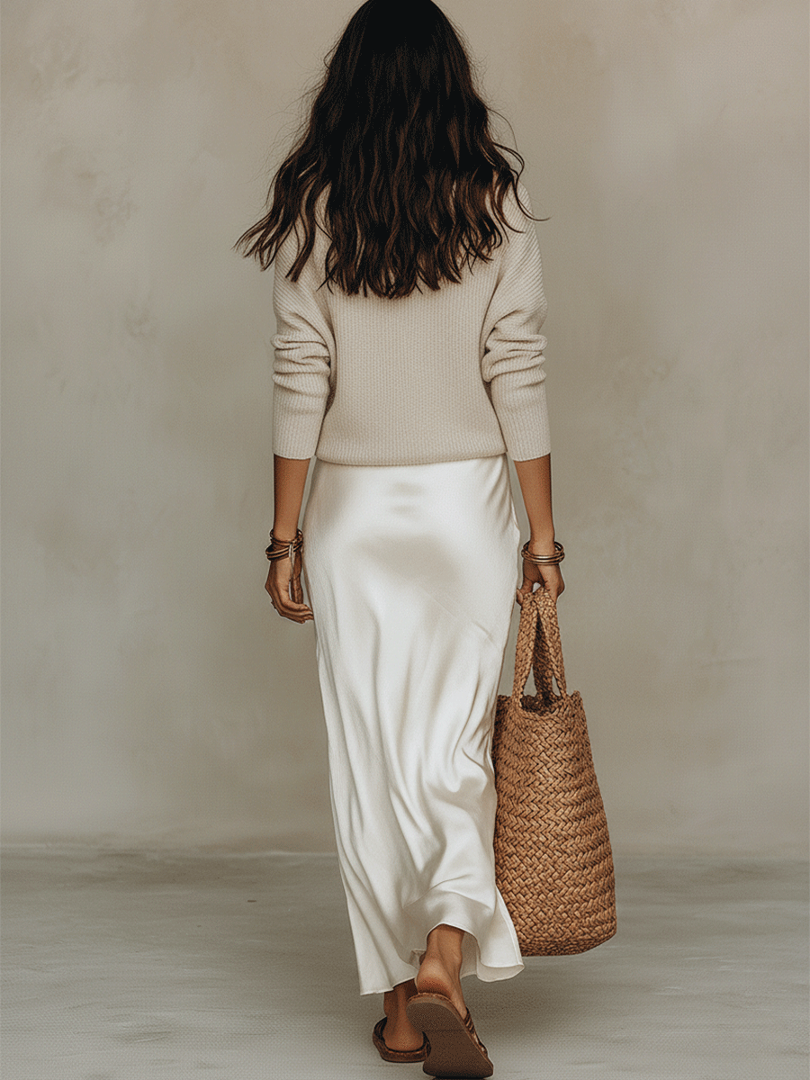 Effortless Ivory Knit & Satin Midi Ensemble - Seldom Seen Styles