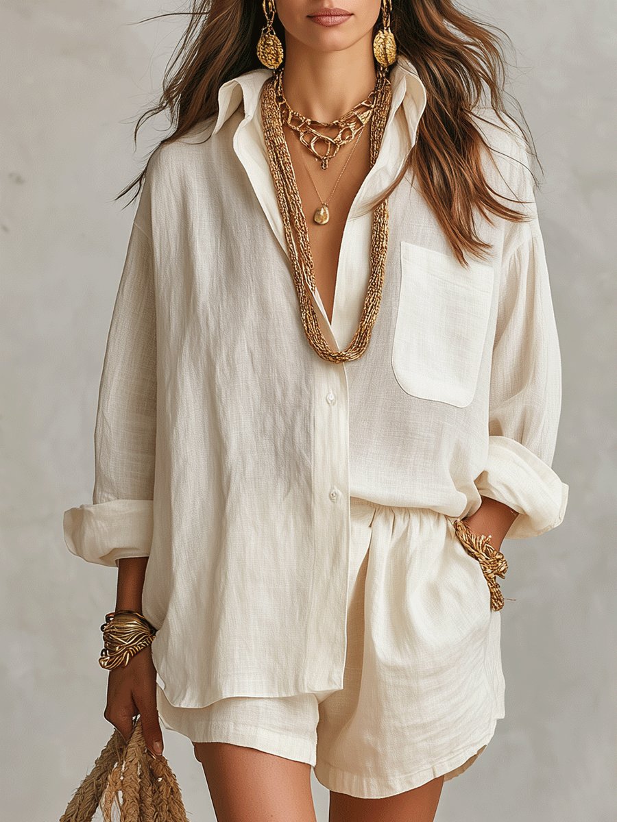 Effortless Linen Short Set for Women with Button Front Long Sleeve Relaxed Two Piece Style - Seldom Seen Styles