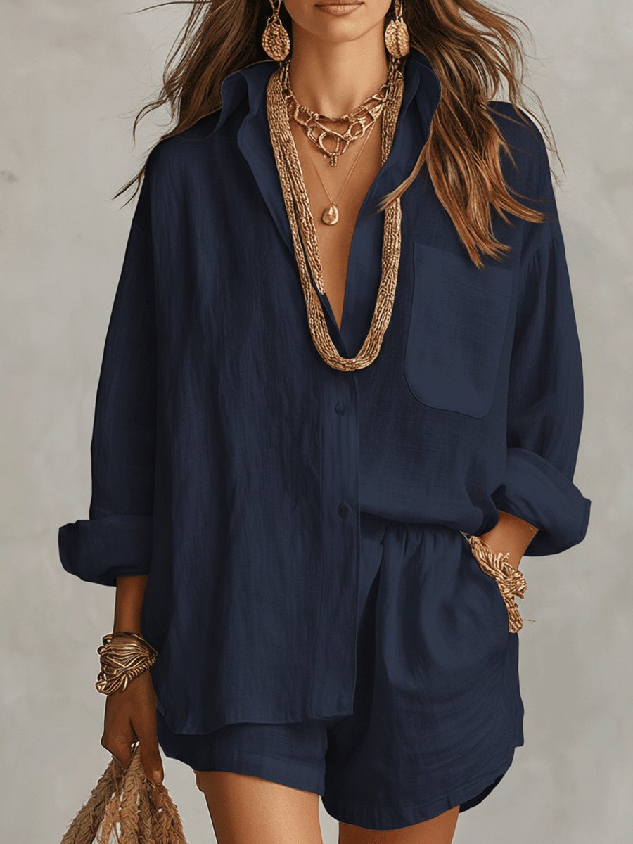 Effortless Linen Short Set for Women with Button Front Long Sleeve Relaxed Two Piece Style - Seldom Seen Styles