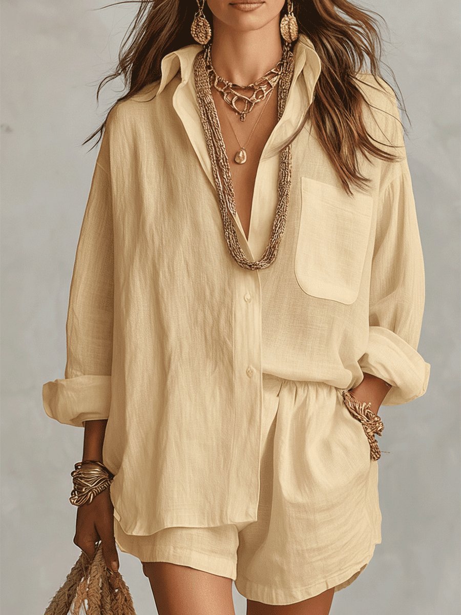 Effortless Linen Short Set for Women with Button Front Long Sleeve Relaxed Two Piece Style - Seldom Seen Styles